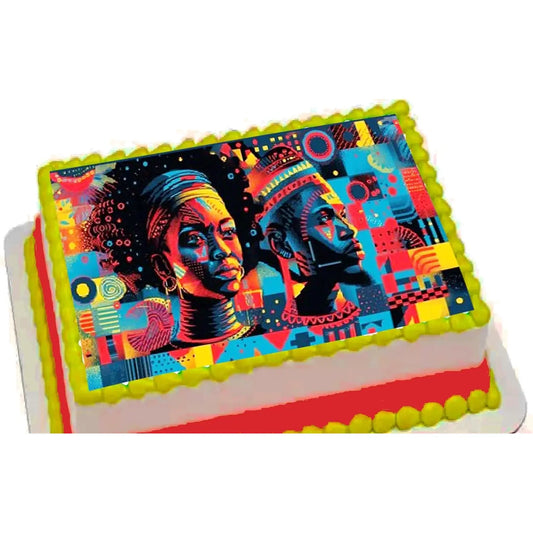 Juneteenth Strong and Powerful Edible Icing Sheet Cake Topper on a frosted sheet cake.
