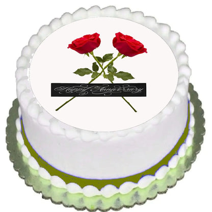 Love in Bloom Anniversary Edible Icing Cake Topper – 8-Inch Round on a round frosted cake.