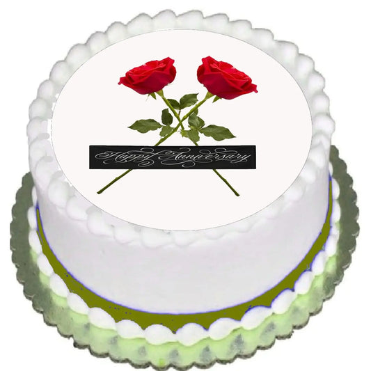 Love in Bloom Anniversary Edible Icing Cake Topper – 8-Inch Round on a round frosted cake.