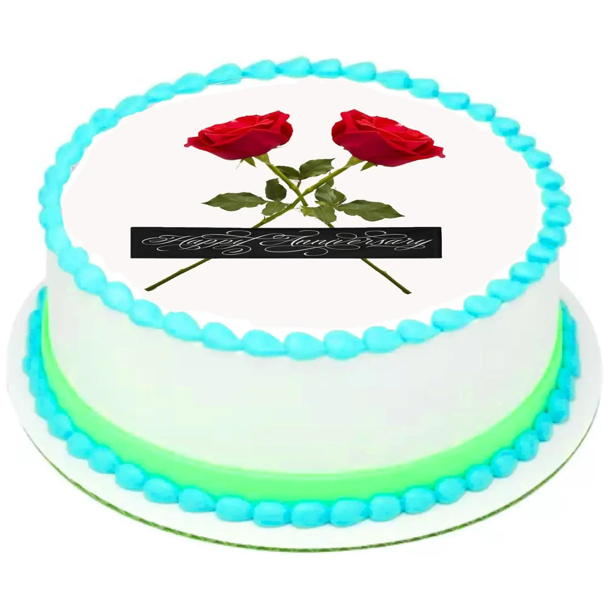 Love in Bloom Anniversary Edible Icing Cake Topper – 8-Inch Round on a round cake.