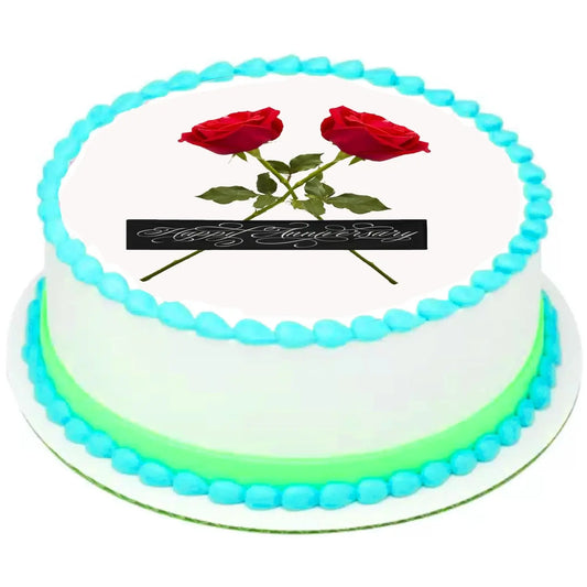 Love in Bloom Anniversary Edible Icing Cake Topper – 8-Inch Round on a round cake.