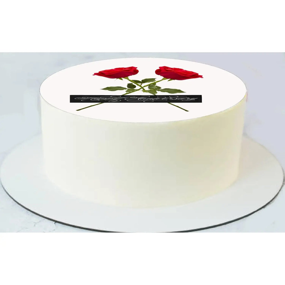 Love in Bloom Anniversary Edible Icing Cake Topper – 8-Inch Round on a round cake.