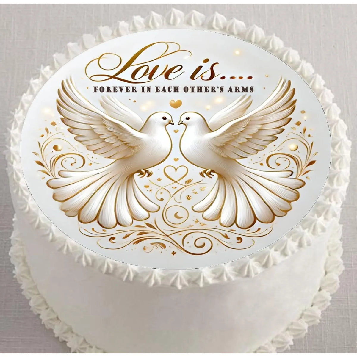 Love Is… Anniversary Edible Icing Cake Topper – 8-Inch Round on a round frosted cake.
