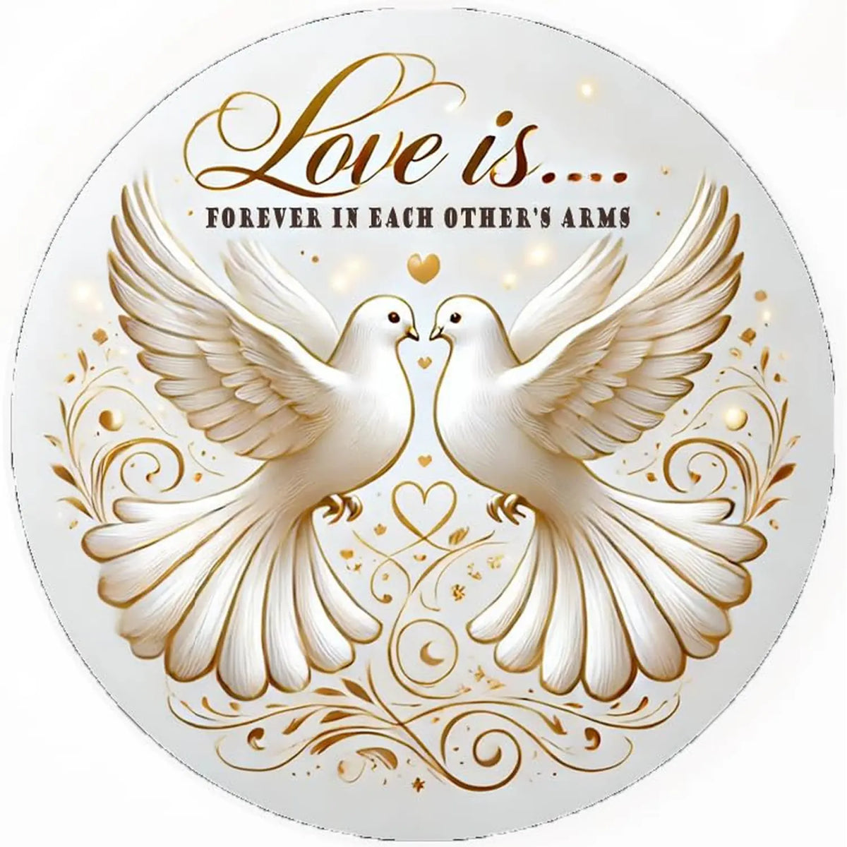 Love Is… Anniversary Edible Icing Cake Topper – 8-Inch Round round topper design with doves.