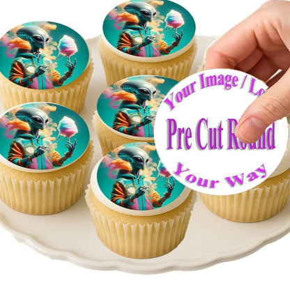 Frosted cupcakes decorated with personalized precut round edible icing images