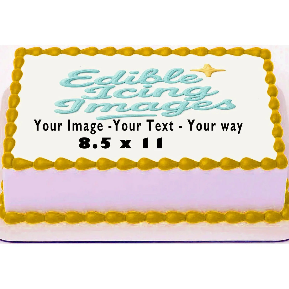 Quarter-sheet edible icing image size guide showing 8.5 x 10.5 inches
