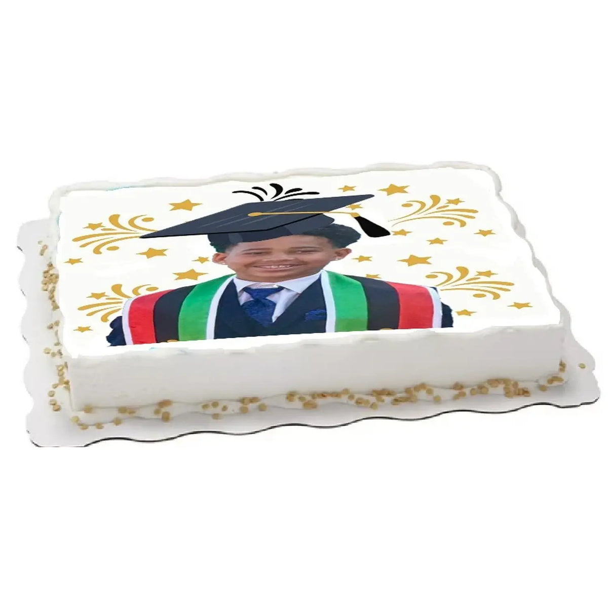 Graduation photo printed as a custom edible icing image on a sheet cake