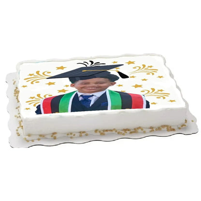 Graduation photo printed as a custom edible icing image on a sheet cake
