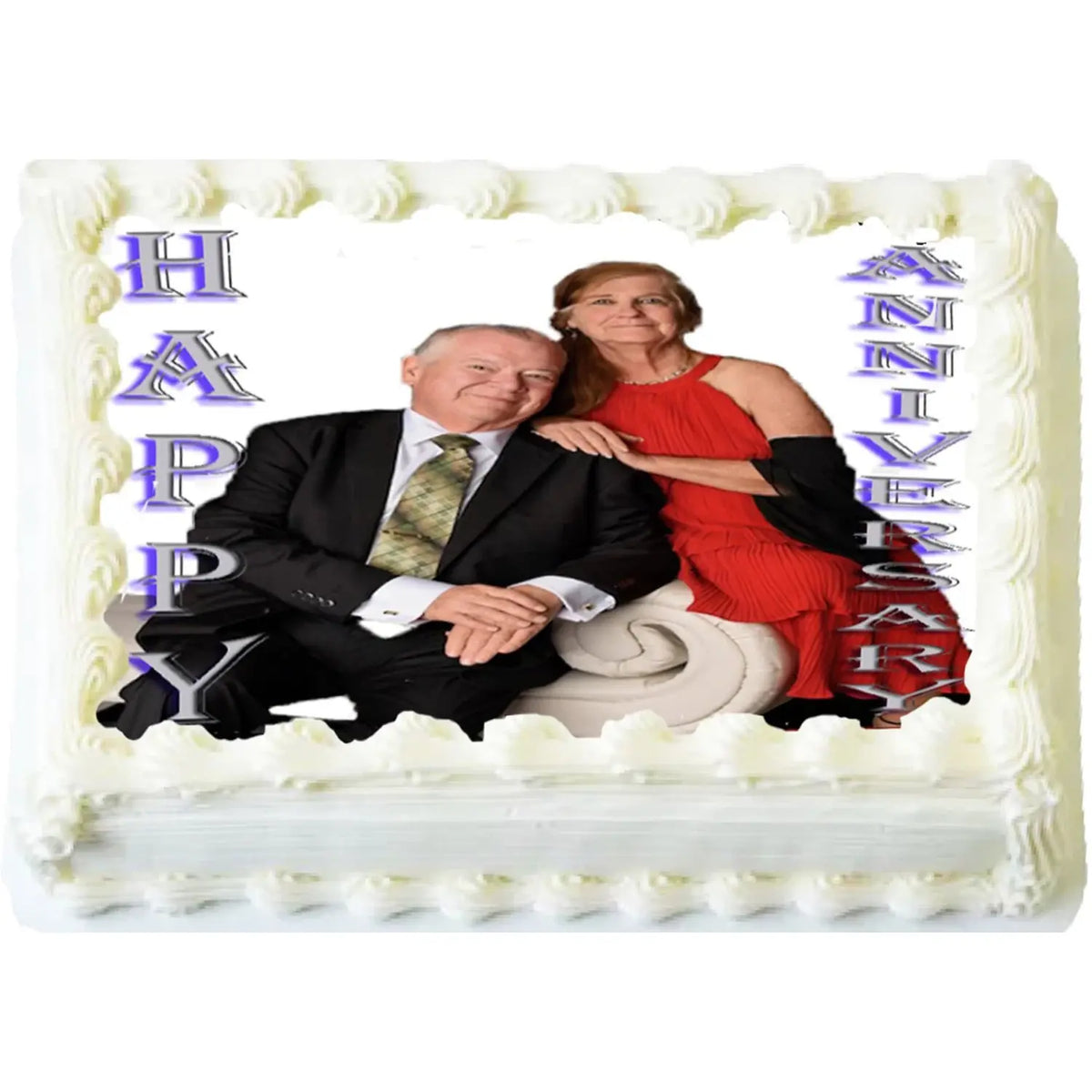 Family reunion photo edible icing topper displayed on a decorated sheet cake