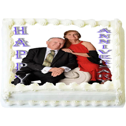 Family reunion photo edible icing topper displayed on a decorated sheet cake