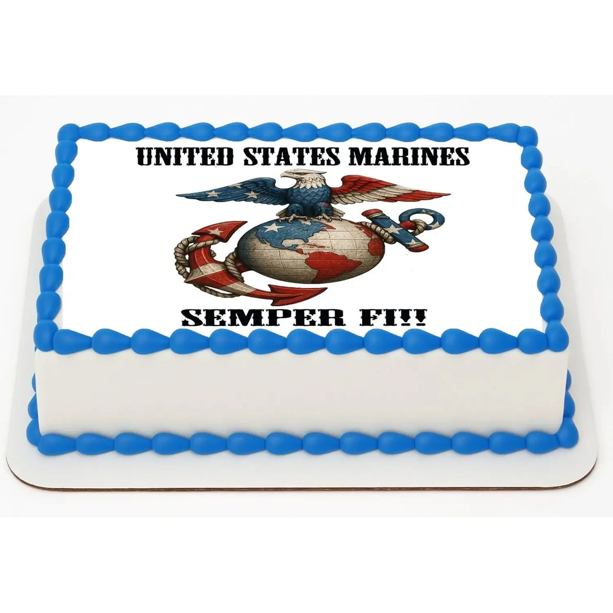 USMC Marine Semper Fi Edible Icing Sheet Cake Topper on a sheet cake.