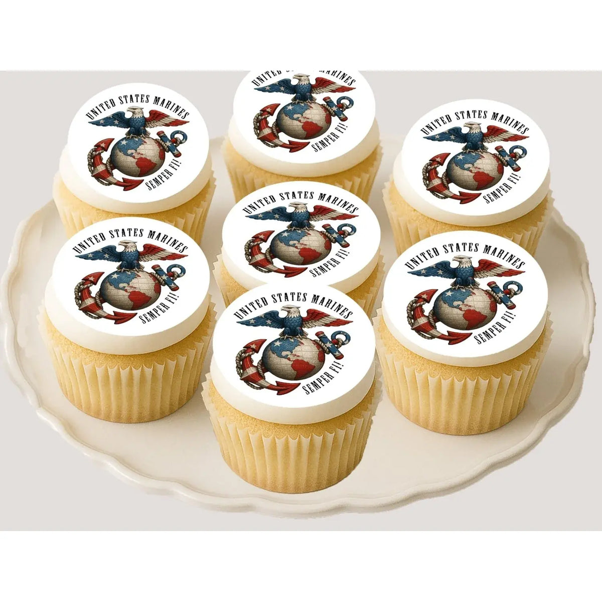 USMC Marine Semper Fi Edible Cookie & Cupcake Toppers – 20 Precut on cupcakes.