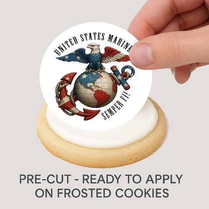 USMC Marine Semper Fi Edible Cookie & Cupcake Toppers – 20 Precut being placed on a frosted cookie.