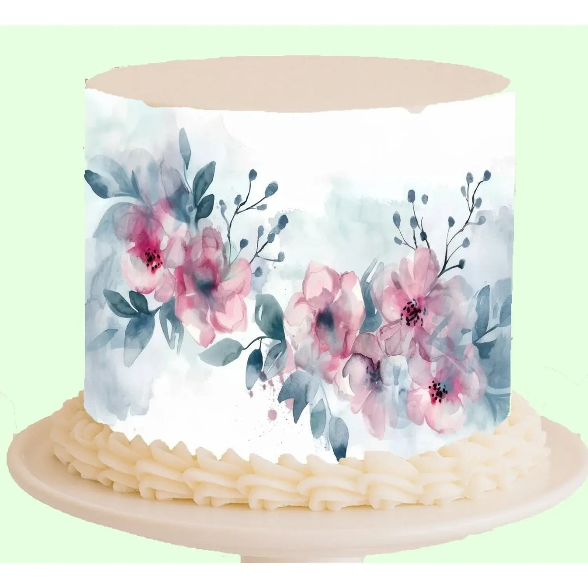 Watercolor Garden floral seamless edible icing cake wrap displayed on a cake.