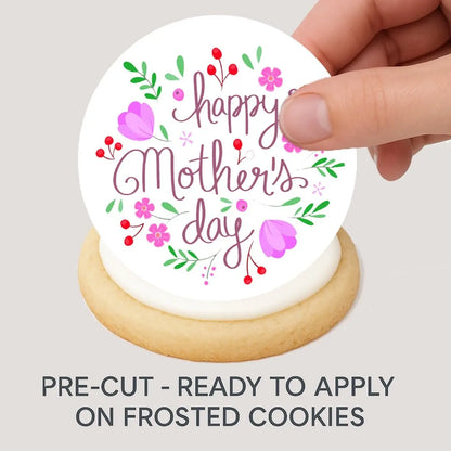 Mother's Day Beautiful Mom Edible Cookie & Cupcake Toppers – 20 Precut being placed on a frosted cookie.