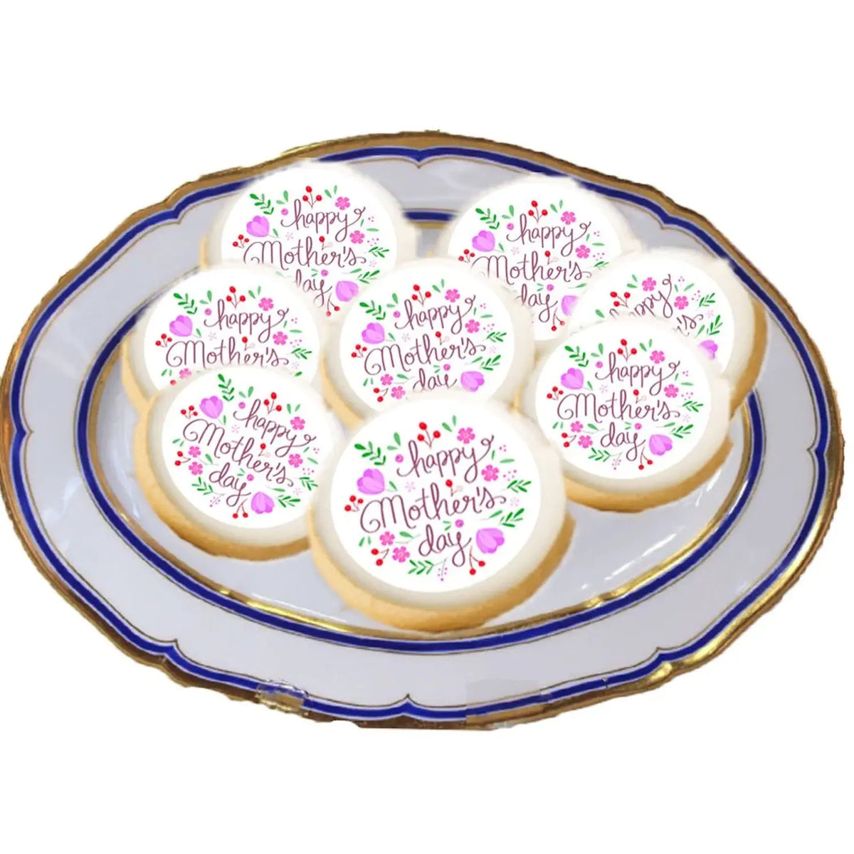 Mother's Day Beautiful Mom Edible Cookie & Cupcake Toppers – 20 Precut on a plate of cookies.