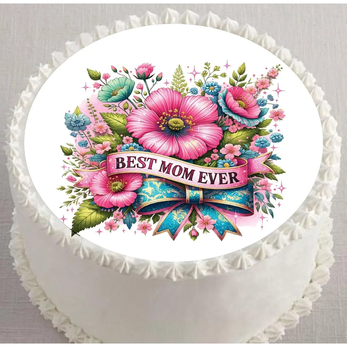 Mother's Day Best Mom Edible Icing Cake Topper – 8-Inch Round on a round cake.