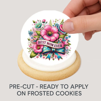 Mother's Day Best Mom Ever Edible Cookie & Cupcake Toppers – 20 Precut being placed on a frosted cookie.