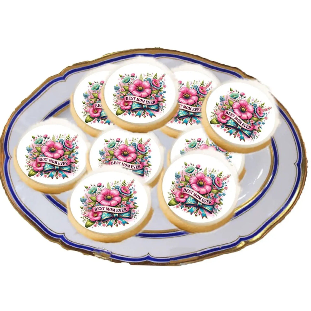 Mother's Day Best Mom Ever Edible Cookie & Cupcake Toppers – 20 Precut on a plate of cookies.