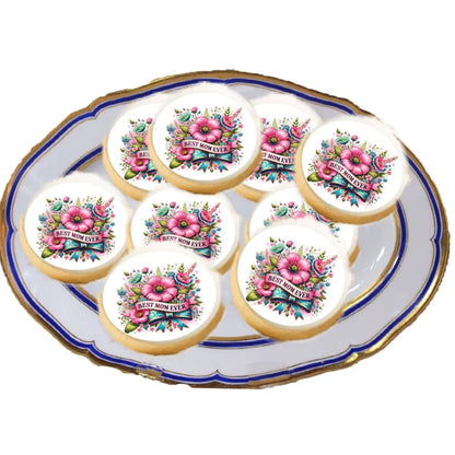 Mother's Day Best Mom Ever Edible Cookie & Cupcake Toppers – 20 Precut on a plate of cookies.
