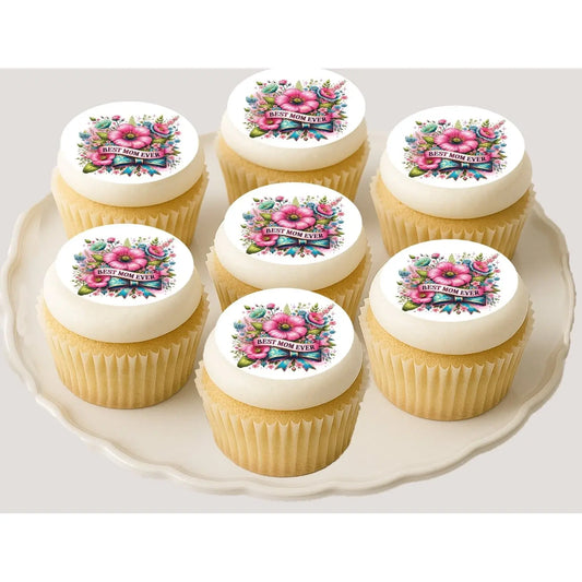 Mother's Day Best Mom Ever Edible Cookie & Cupcake Toppers – 20 Precut on cupcakes.