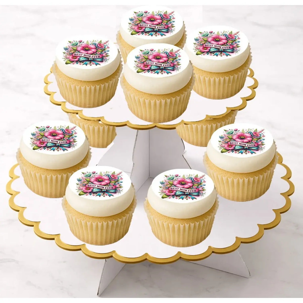 Mother's Day Best Mom Ever Edible Cookie & Cupcake Toppers – 20 Precut on cupcakes.
