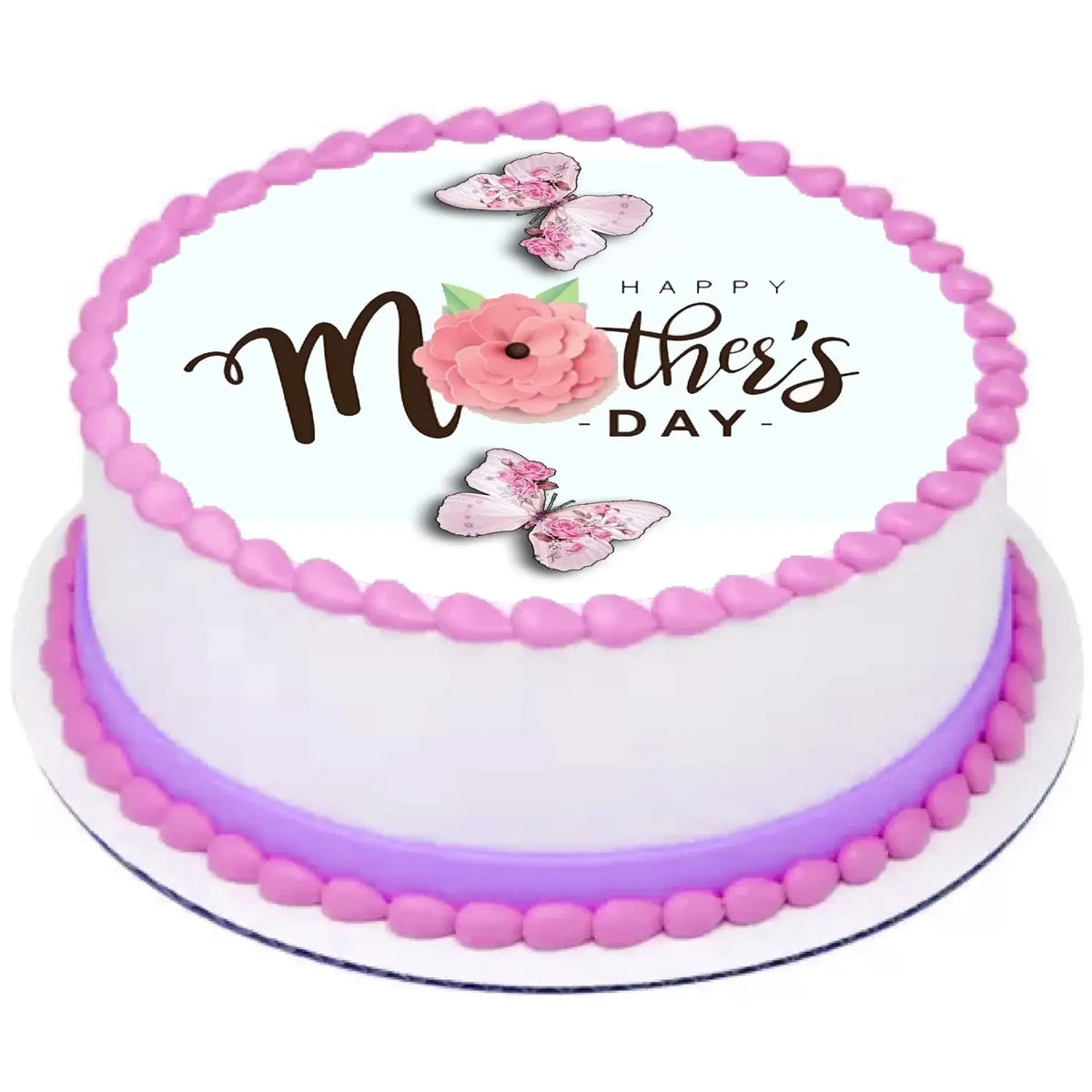 Mother's Day Butterflies Edible Icing Cake Topper – 8-Inch Round on a round cake.