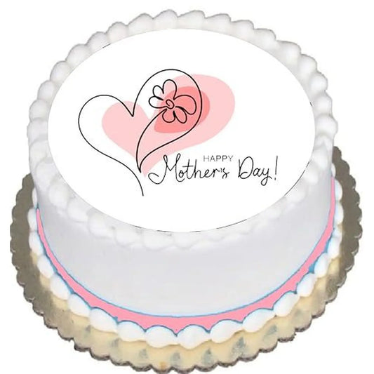 Mother's Day Heart Edible Icing Cake Topper – 8-Inch Round on a round cake.