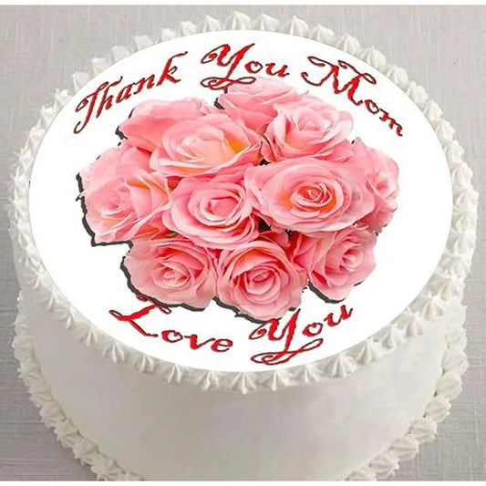 Mother's Day Peach Roses Edible Icing Cake Topper – 8-Inch Round on a round cake.
