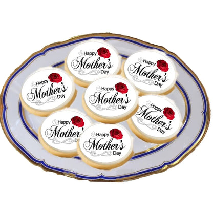 Mother's Day Red Rose Edible Cookie & Cupcake Toppers – 20 Precut on a plate of cookies.