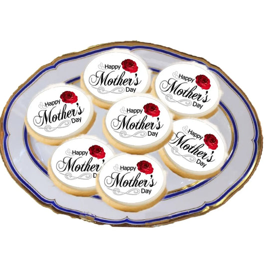 Mother's Day Red Rose Edible Cookie & Cupcake Toppers – 20 Precut on a plate of cookies.