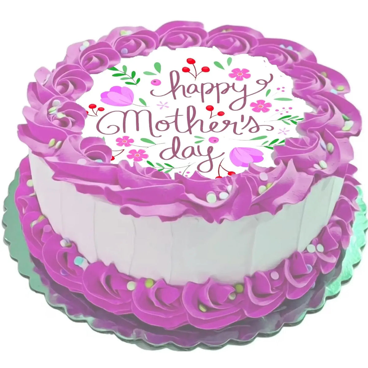 Mother's Day Beautiful Mom Edible Icing Cake Topper – 8-Inch Round on a round cake.