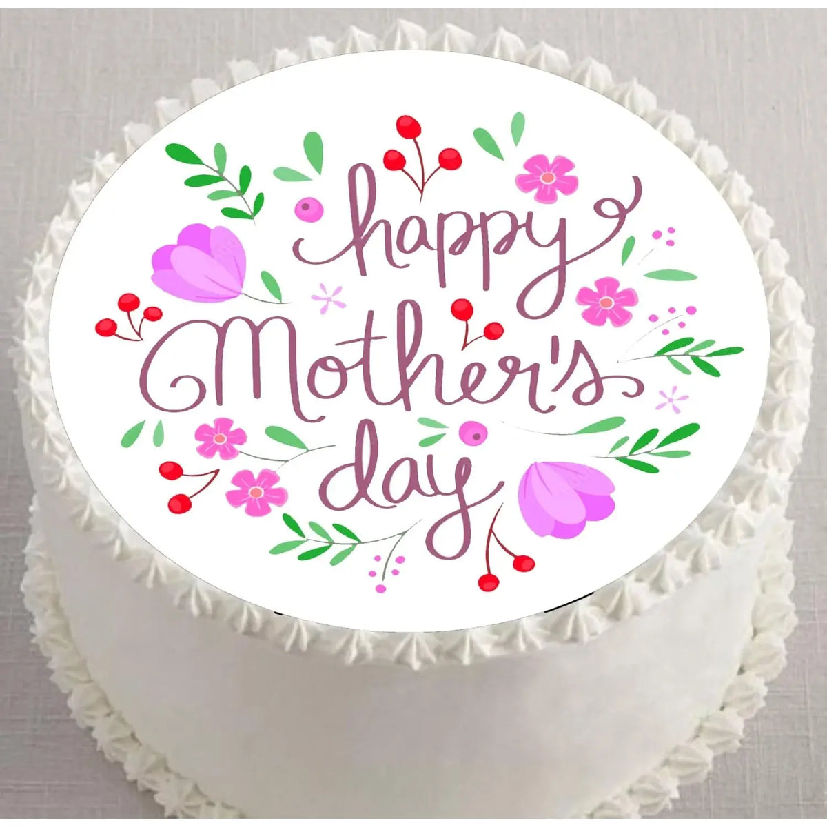 Mother's Day Beautiful Mom Edible Icing Cake Topper – 8-Inch Round on a round cake.