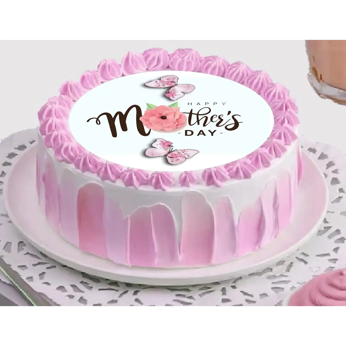 Mother's Day Butterflies Edible Icing Cake Topper – 8-Inch Round on a round cake.