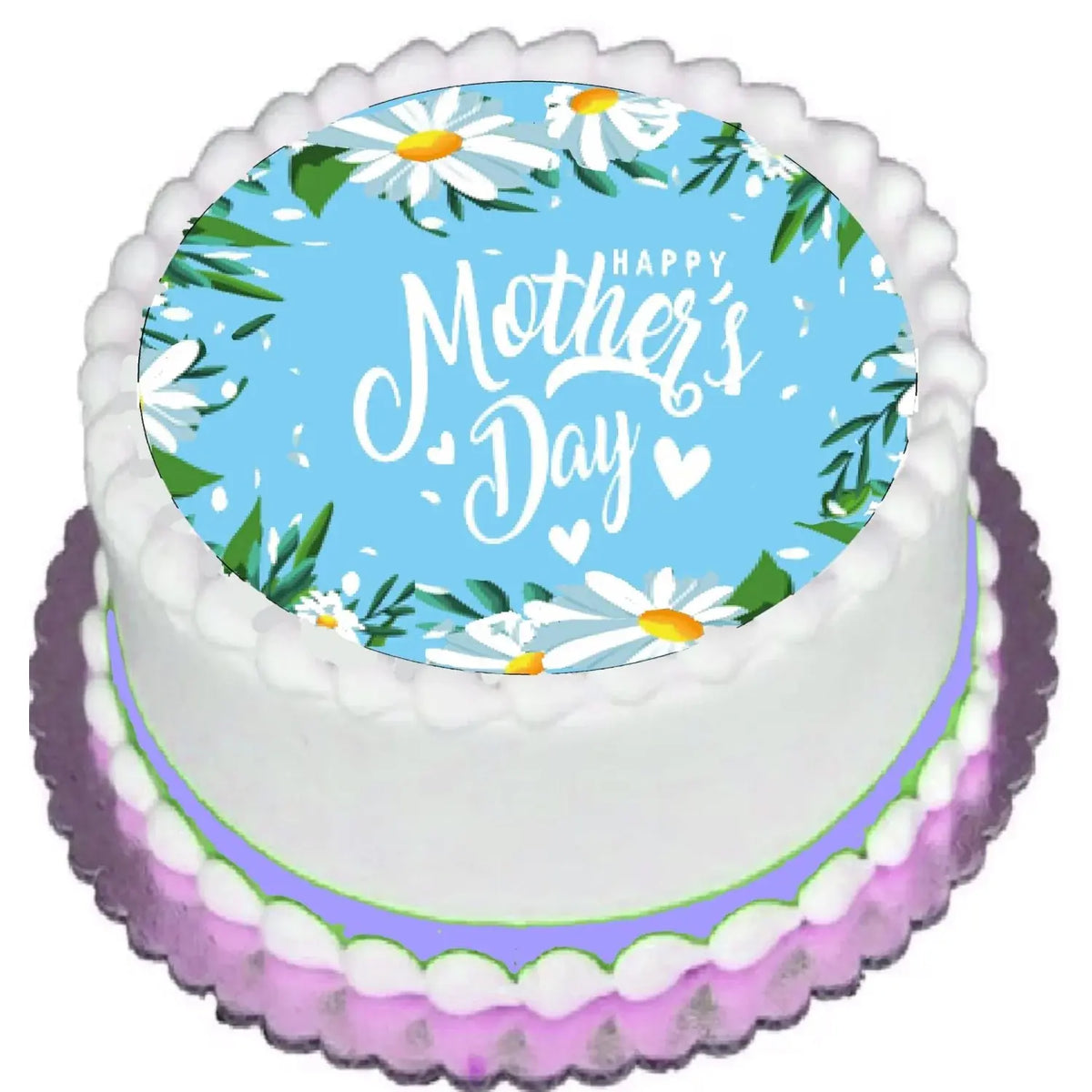 Mother's Day Daisies Edible Icing Cake Topper – 8-Inch Round on a round cake.