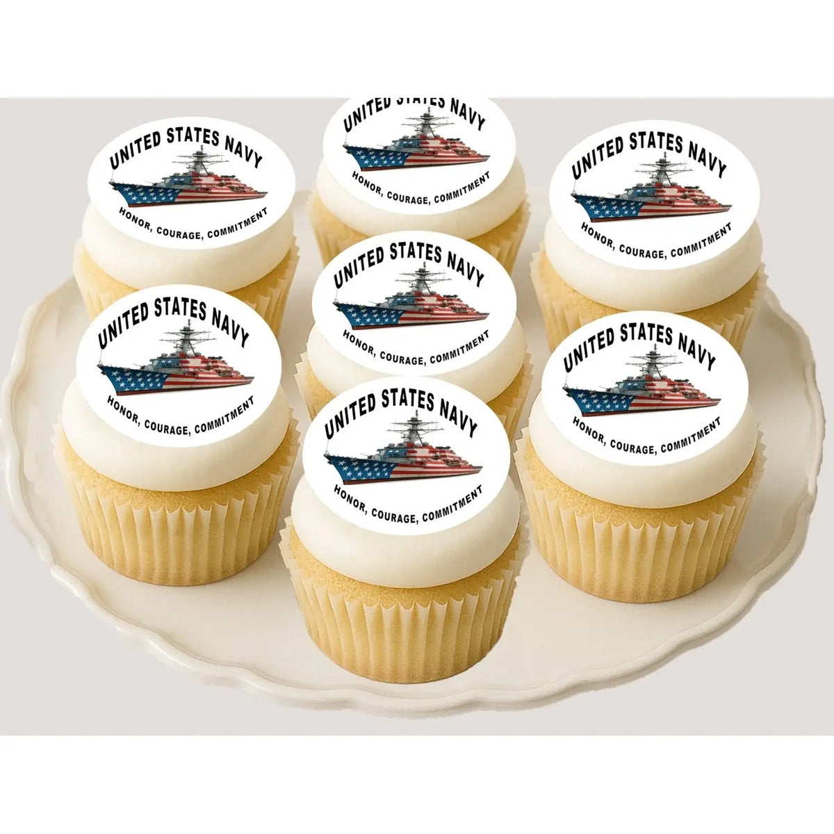Navy Honor Courage Commitment Edible Cookie & Cupcake Toppers – 20 Precut on cupcakes.