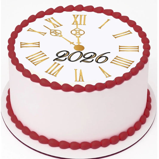 New Year's Edible Icing Cake Topper – Midnight Countdown Clock 8" Round on a round cake.