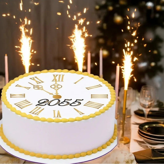 New Year's Edible Icing Cake Topper – Midnight Countdown Clock 8" Round on a celebration table with sparklers.