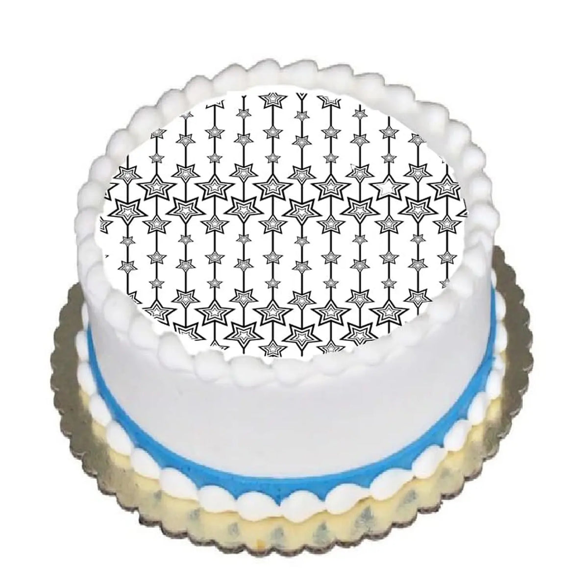 New Year's Edible Icing Cake Topper – Silver Streaming Star 8" Round on a round cake.