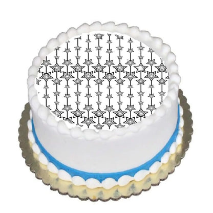 New Year's Edible Icing Cake Topper – Silver Streaming Star 8" Round on a round cake.