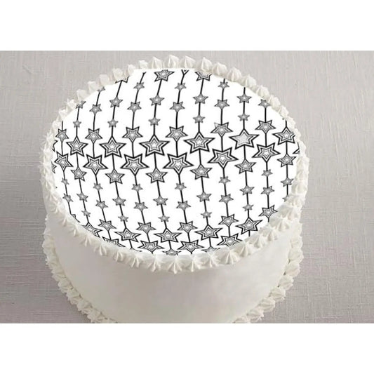 New Year's Edible Icing Cake Topper – Silver Streaming Star 8" Round on a round cake.