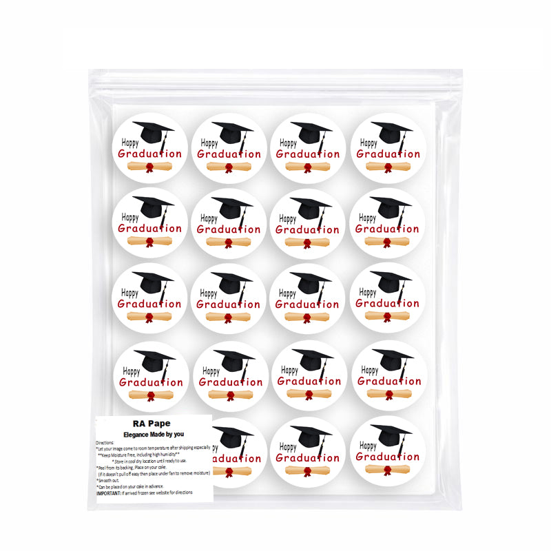 Package of Custom Edible Cookie & Cupcake Topper Graduation Cap and Scroll Design 20 - 2” Precut Icing Sheet - RA Pape