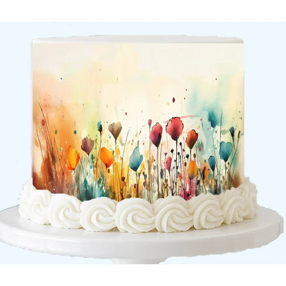 Painted Meadow floral seamless edible icing cake wrap displayed on a cake.