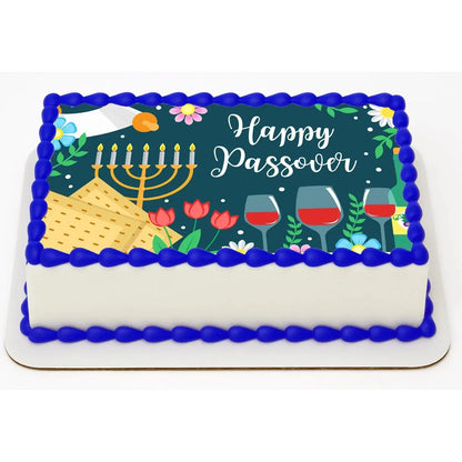 Passover Celebration Edible Icing Sheet Cake Topper shown on a frosted sheet cake.