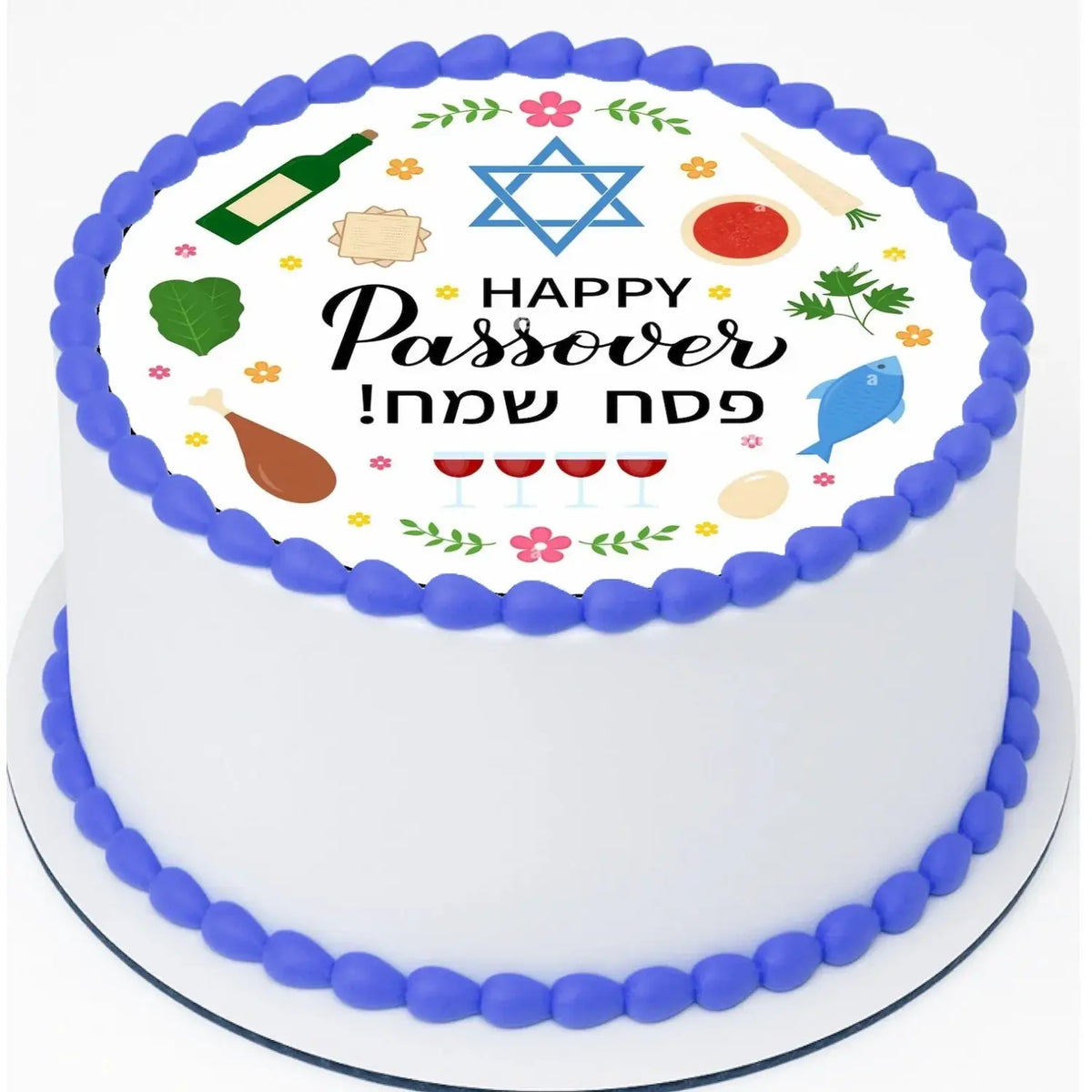 Passover Celebration Edible Icing Cake Topper – 8-Inch Round shown on a round frosted cake.