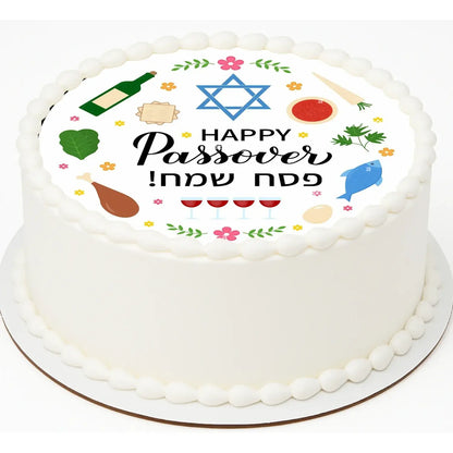 Passover Celebration Edible Icing Cake Topper – 8-Inch Round shown on a round frosted cake.