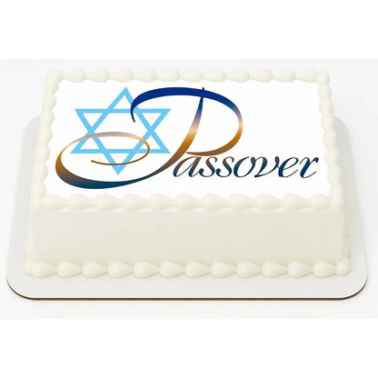 Passover Star David Edible Icing Sheet Cake Topper shown on a frosted sheet cake.