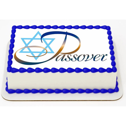 Passover Star David Edible Icing Sheet Cake Topper shown on a frosted sheet cake.
