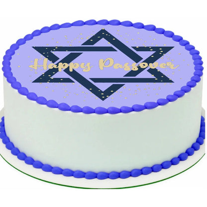Passover Star of David Edible Icing Cake Topper – 8-Inch Round shown on a round frosted cake.
