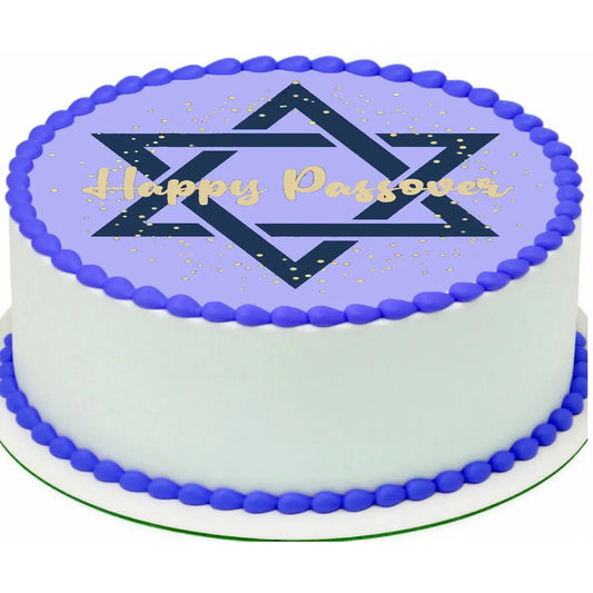 Passover Star of David Edible Icing Cake Topper – 8-Inch Round shown on a round frosted cake.
